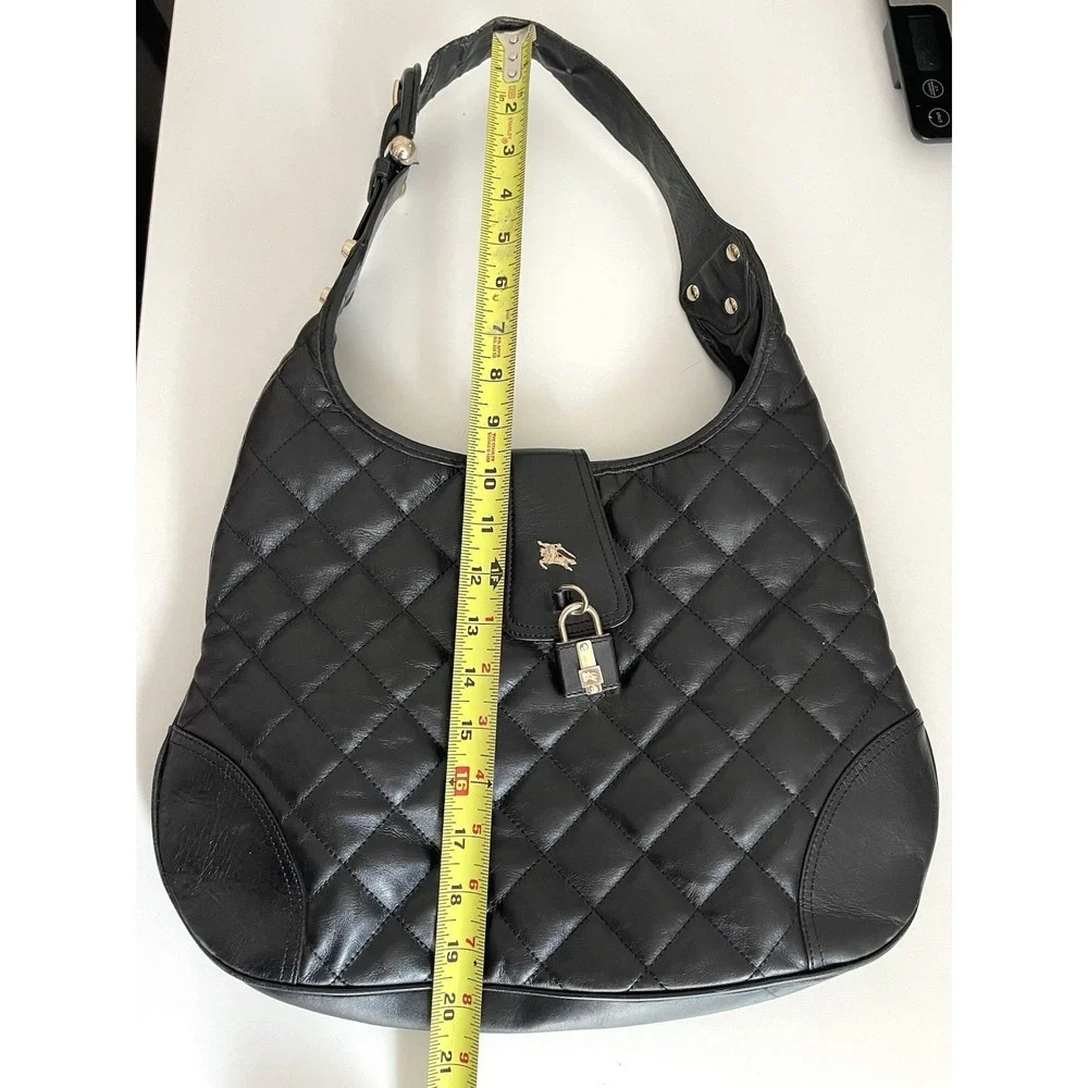 Y2K Burberry Brooke Padlock Black Quilted Leather Hobo Handbag Purse Equestrian